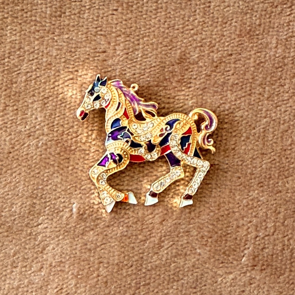 Mint‎ Enamel Horse Brooch Gold Tone Crystal Rhinestone Equestrian Pin Multicolor